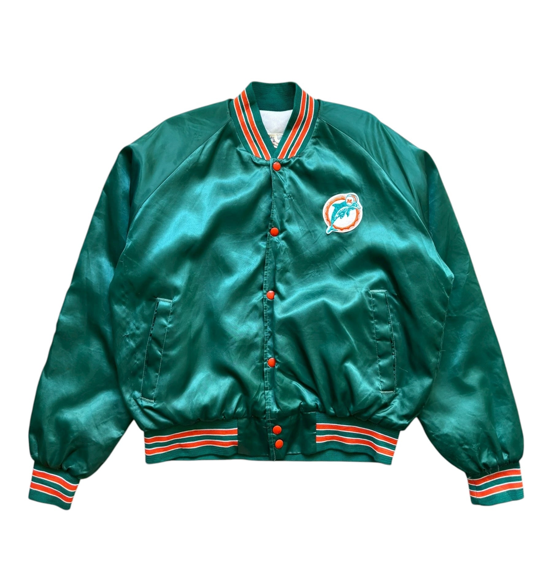 1980s Vintage NFL Chalk Line Miami Dolphins Satin Bomber Jacket (L)
