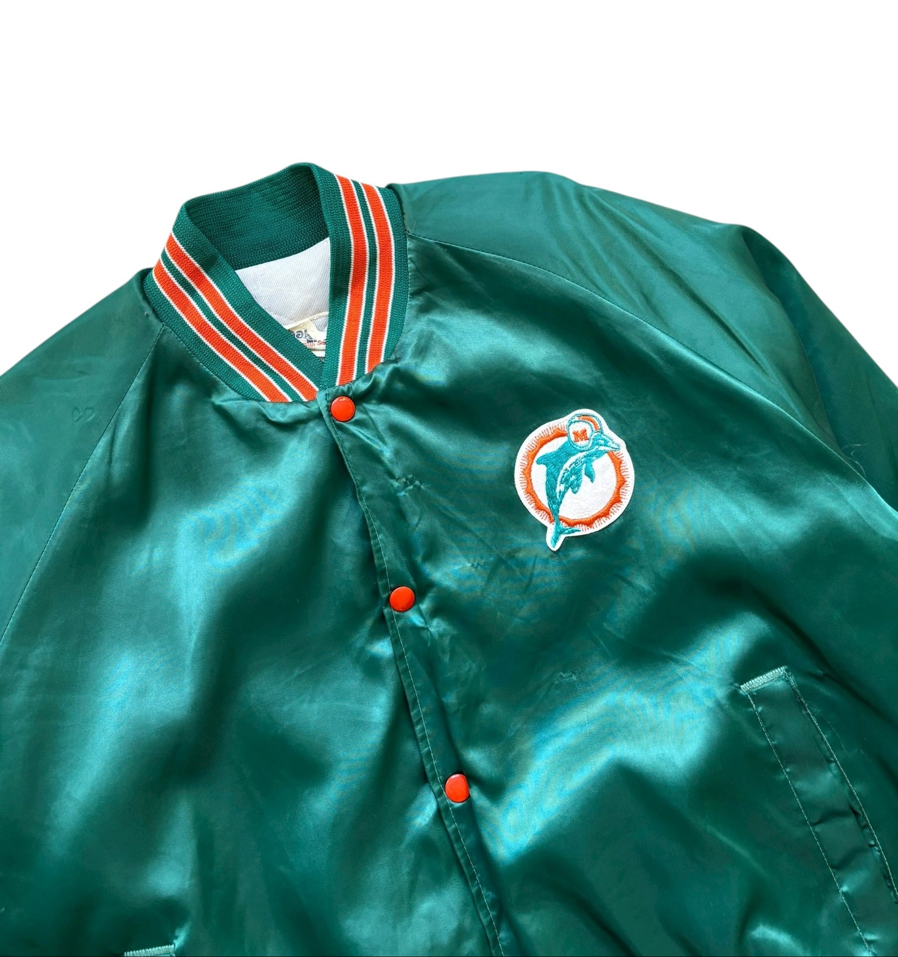 1980s Vintage NFL Chalk Line Miami Dolphins Satin Bomber Jacket (L)