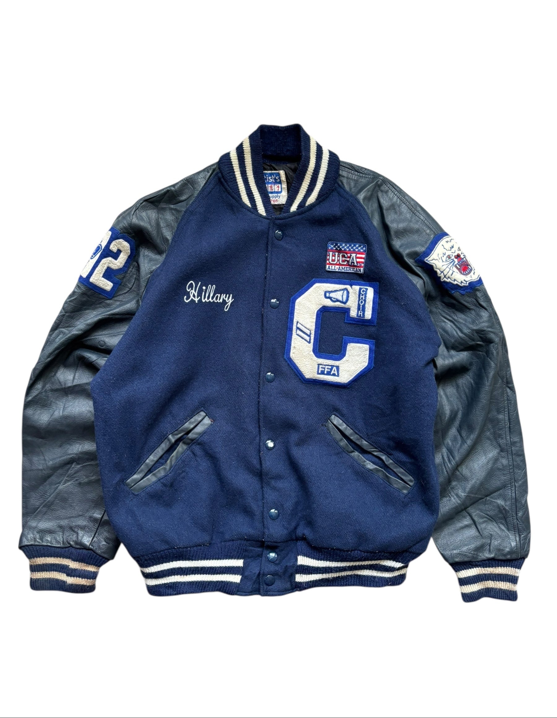 1990s Made in USA Navy Leather Varsity Jacket (L)