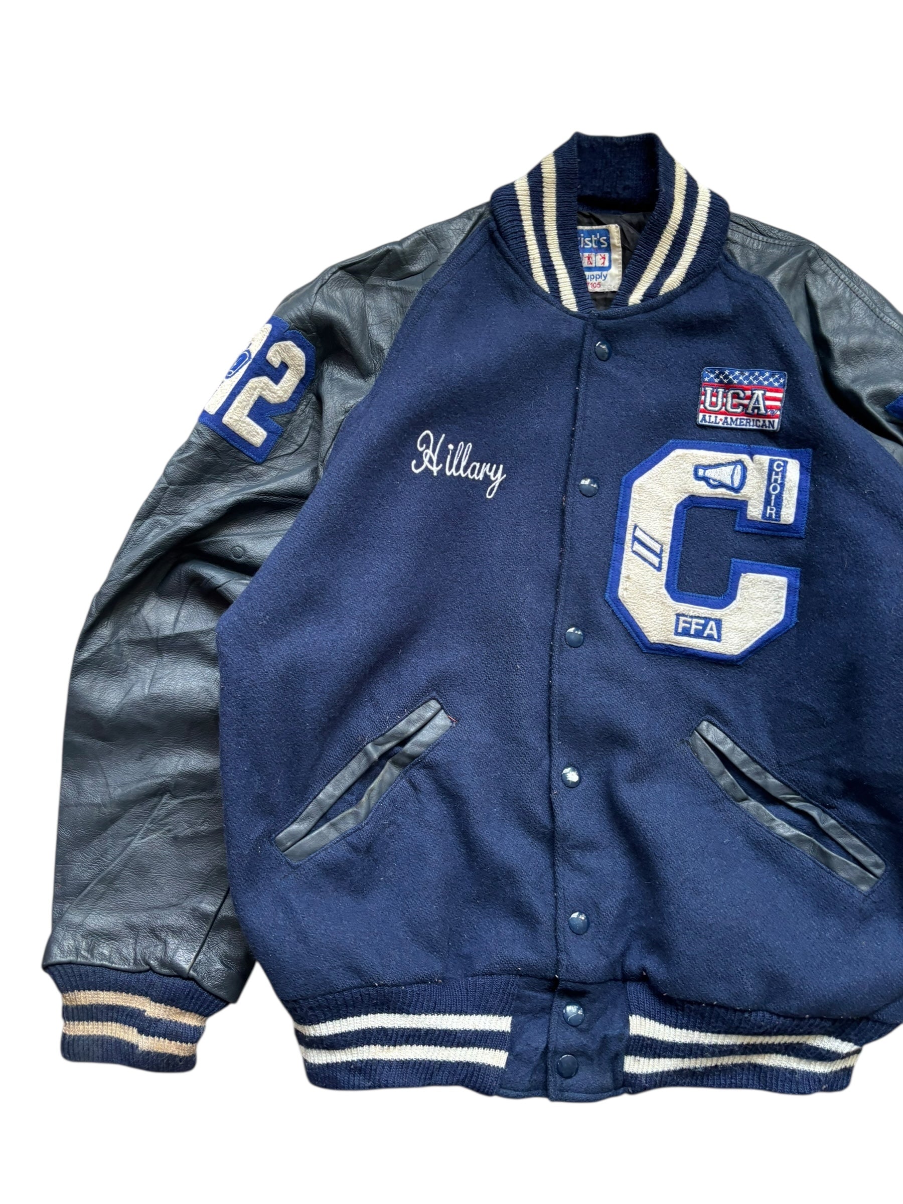 1990s Made in USA Navy Leather Varsity Jacket (L)