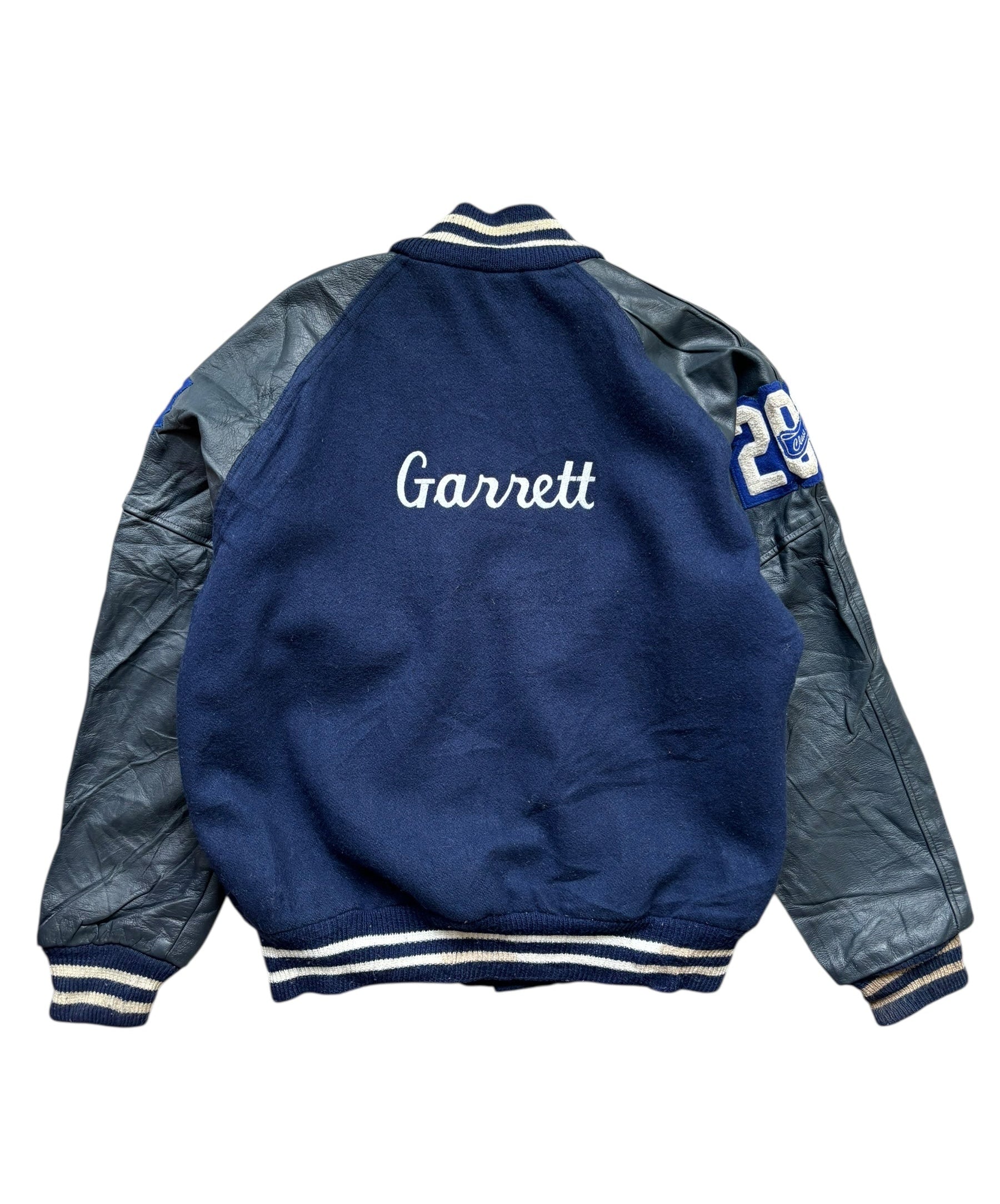 1990s Made in USA Navy Leather Varsity Jacket (L)