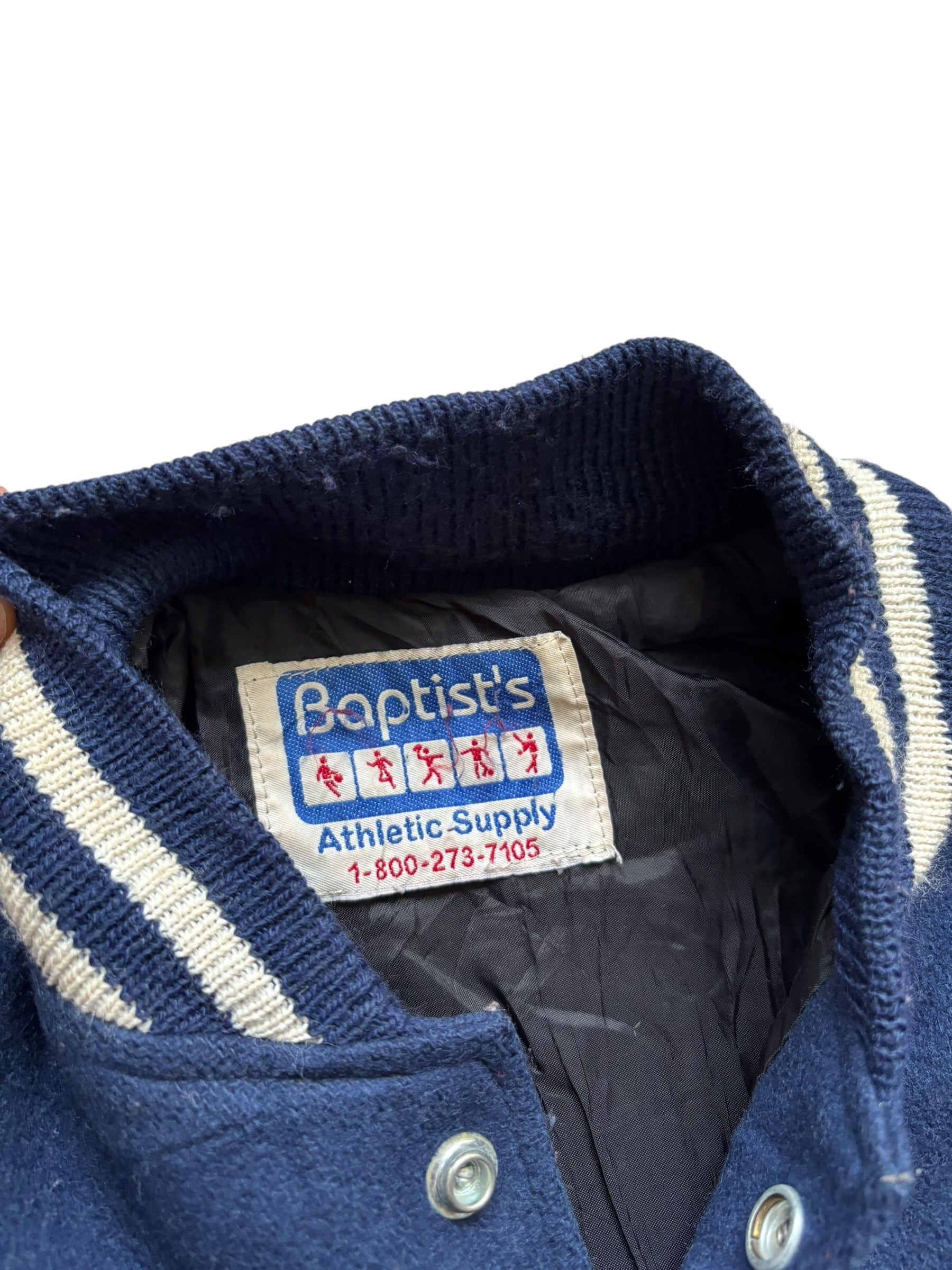 1990s Made in USA Navy Leather Varsity Jacket (L)