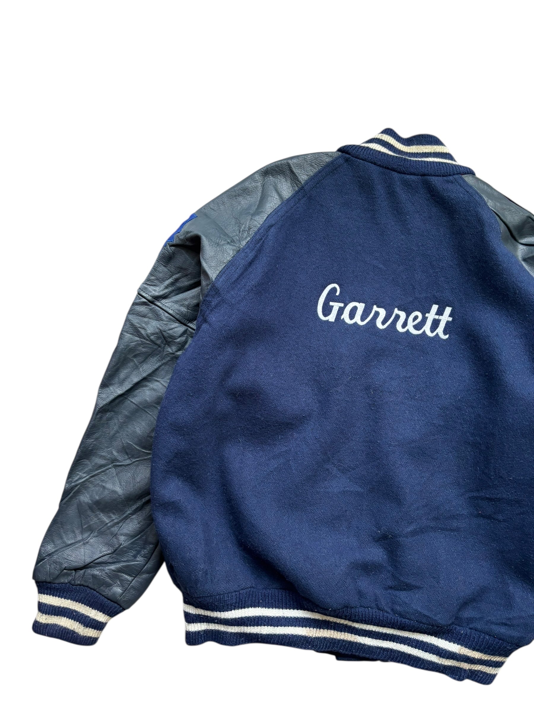 1990s Made in USA Navy Leather Varsity Jacket (L)